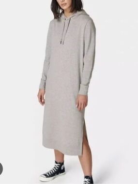 Cozy Hooded Midi Sweatshirt Dress in Light Gray
